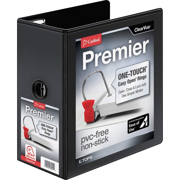 Cardinal EasyOpen Clearvue Slant D-Ring Binders - 5" Binder Capacity - Letter - 8 1/2" x 11" Sheet Size - 925 Sheet Capacity - 4 3/8" Spine Width - 3 x D-Ring Fastener(s) - 2 Inside Front & Back Pocket(s) - Vinyl - Black - 2.58 lb - Clear Overlay, Locking Mechanism, One Touch Ring, Sheet Lifter, Heavy Duty, Finger Hole - 1 Each