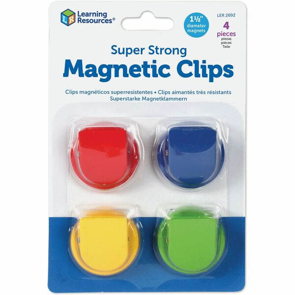 Learning Resources Super Strong Magnetic Clips Set - 1.5" Diameter - 50 Sheet Capacity - for Whiteboard, Folder - 4 / Pack - Assorted