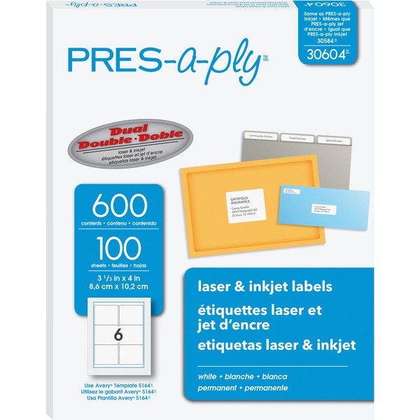 PRES-a-ply White Labels - 3 21/64" Width x 4" Length - Permanent Adhesive - Rectangle - Laser, Inkjet - White - Paper - 6 / Sheet - 100 Total Sheets - 600 Total Label(s) - 600 / Box
