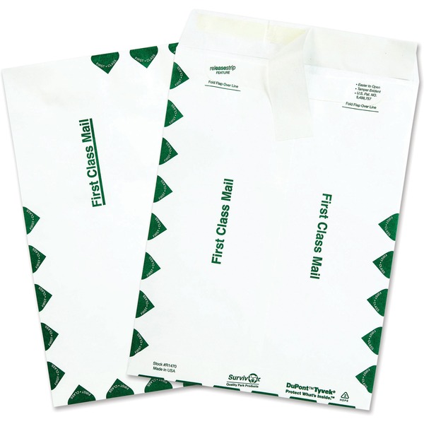 Survivor® 9 x 12 DuPont Tyvek First Class Border Mailers with Self-Seal Closure - First Class Mail - #10 1/2 - 9" Width x 12" Length - 14 lb - Peel & Seal - Tyvek - 100 / Box - White