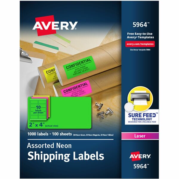 Avery® 2"x 4" Neon Shipping Labels with Sure Feed, 1,000 Labels (5964) - 2" Width x 4" Length - Permanent Adhesive - Rectangle - Laser - Neon Magenta, Neon Green, Neon Yellow - Paper - 10 / Sheet - 100 Total Sheets - 1000 Total Label(s) - 1000 / Box - Permanent Adhesive, Jam Resistant, Stick & Stay, Smudge Resistant