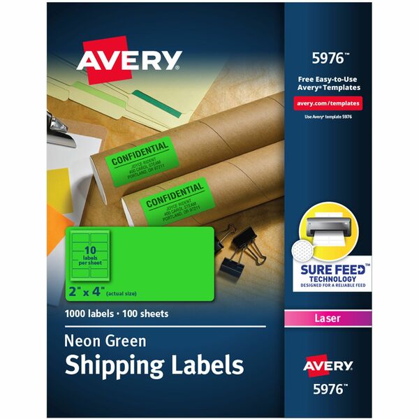 Avery® 2"x 4" Neon Shipping Labels with Sure Feed, 1,000 Labels (5976) - 2" Width x 4" Length - Permanent Adhesive - Rectangle - Laser - Neon Green - Paper - 10 / Sheet - 100 Total Sheets - 1000 Total Label(s) - 1000 / Box - Permanent Adhesive, Jam Resistant, Stick & Stay, Smudge Resistant