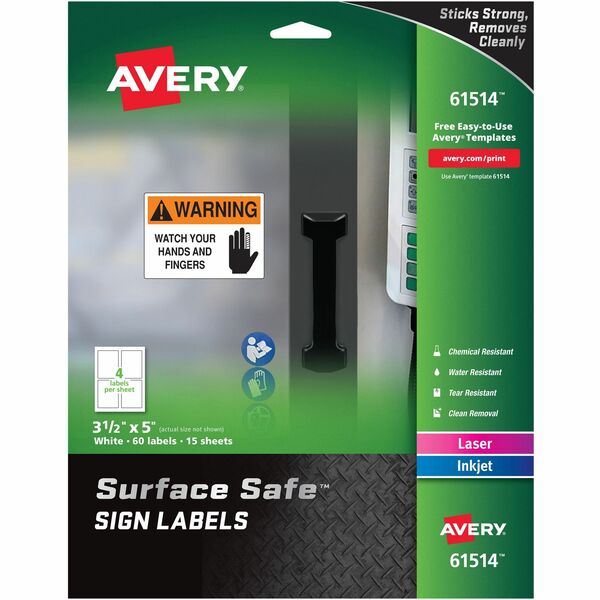 Avery® 3-1/2"x5" Removable Label Safety Signs - 3 1/2" Width x 5" Length - Removable Adhesive - Rectangle - Laser, Inkjet - White - Film - 4 / Sheet - 15 Total Sheets - 60 Total Label(s) - 5 - Water Resistant