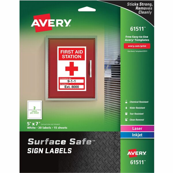 Avery® 5"x7" Removable Label Safety Signs - 5" Width x 7" Length - Removable Adhesive - Rectangle - Laser, Inkjet - White - Film - 2 / Sheet - 15 Total Sheets - 30 Total Label(s) - 30 / Pack - Water Resistant