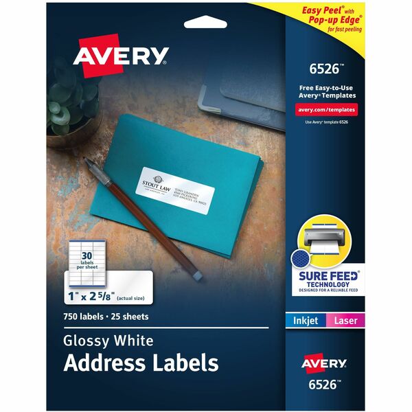 Avery® Address Labels, Glossy White, 1" x 2-5/8" , 750 Total (6526) - 1" Width x 2 5/8" Length - Permanent Adhesive - Rectangle - Laser - White - Paper - 30 / Sheet - 25 Total Sheets - 750 Total Label(s) - 750 / Pack - Permanent Adhesive, Jam Resistant, Easy Peel, Pop Up Edge