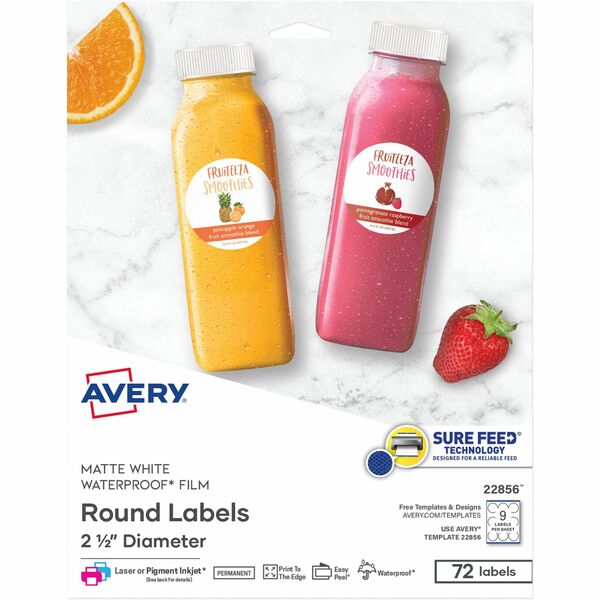 Avery® Durable Waterproof Labels, 2.5" Diameter, 72 Total - Waterproof - Width2 1/2" Diameter - Permanent Adhesive - Round - Laser, Inkjet - White - Film - 9 / Sheet - 8 Total Sheets - 72 Total Label(s) - 72 / Pack - Print-to-the Edge, Permanent Adhesive, Scuff Resistant, Tear Resistant, Bleed Resistant, Customizable, Peeling Resistant, Pop Up Edge, Stick & Stay