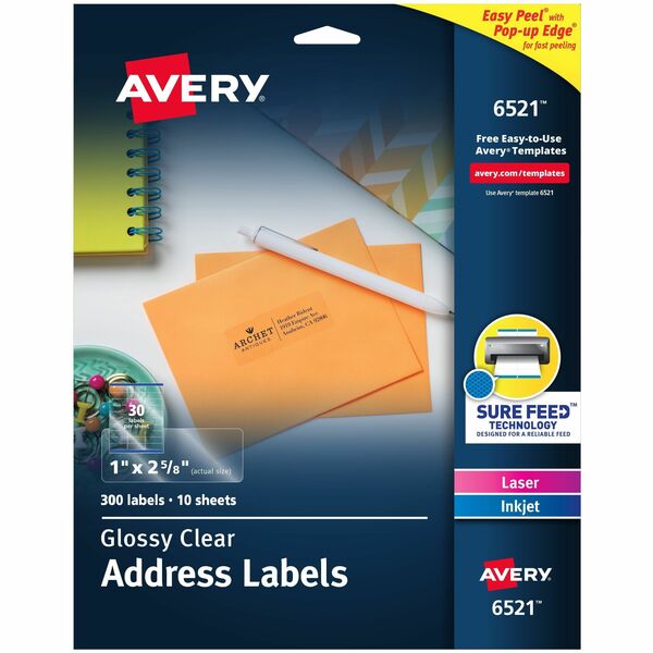 Avery® Easy Peel High Gloss Clear Mailing Labels - 1" Width x 2 5/8" Length - Permanent Adhesive - Rectangle - Laser, Inkjet - Clear - Film - 30 / Sheet - 10 Total Sheets - 300 Total Label(s) - 300 / Pack