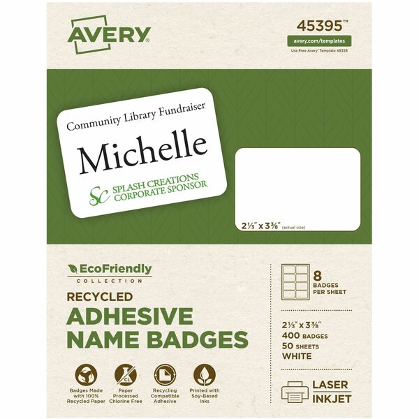 Avery® Eco-friendly Premium Name Badge Labels - 2 21/64" Width x 3 3/8" Length - Removable Adhesive - Rectangle - Laser, Inkjet - White - Paper - 8 / Sheet - 50 Total Sheets - 400 Total Label(s) - 5