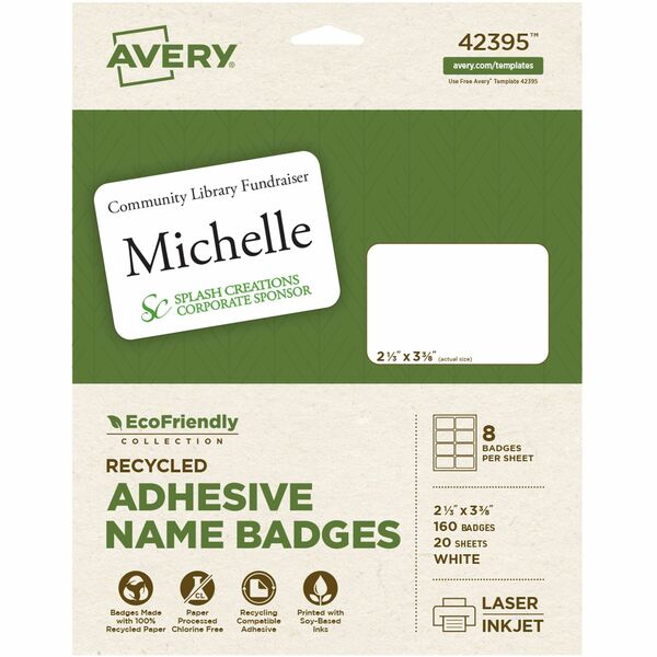 Avery® Eco-friendly Premium Name Badge Labels - 2 21/64" Width x 3 3/8" Length - Removable Adhesive - Rectangle - Laser, Inkjet - White - Paper - 8 / Sheet - 20 Total Sheets - 160 Total Label(s) - 160 / Pack