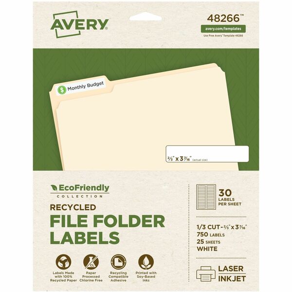 Avery® EcoFriendly File Folder Label - 21/32" Width x 3 7/16" Length - Permanent Adhesive - Rectangle - Laser, Inkjet - White - Paper - 30 / Sheet - 25 Total Sheets - 750 Total Label(s) - 750 / Pack