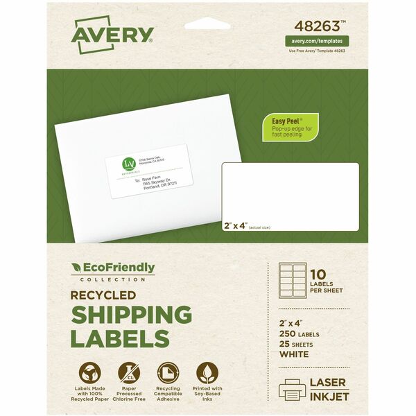 Avery® EcoFriendly Shipping Label - 2" Width x 4" Length - Permanent Adhesive - Rectangle - Laser, Inkjet - White - Paper - 10 / Sheet - 25 Total Sheets - 250 Total Label(s) - 5 - Recyclable, PVC-free, Permanent Adhesive, Customizable, Chlorine-free, Water Based