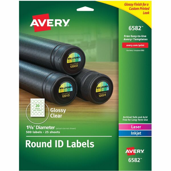 Avery® Glossy Permanent Multipurpose Round Labels - - Width1 5/8" Diameter - Permanent Adhesive - Round - Laser, Inkjet - Clear - Film - 20 / Sheet - 25 Total Sheets - 500 Total Label(s) - 5