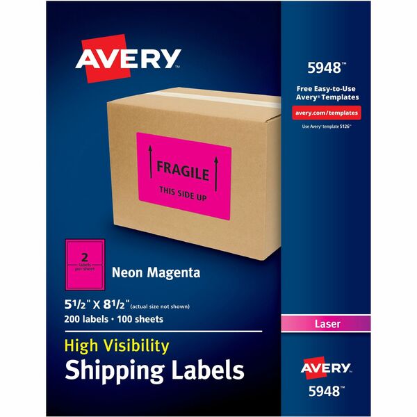 Avery® Neon Shipping Labels, 5-1/2" x 8-1/2" , 200 Labels (5948) - 5 1/2" Width x 8 1/2" Length - Permanent Adhesive - Rectangle - Laser - Neon Magenta - Paper - 2 / Sheet - 100 Total Sheets - 200 Total Label(s) - 200 / Box - Permanent Adhesive, Stick & Stay, Smudge Resistant