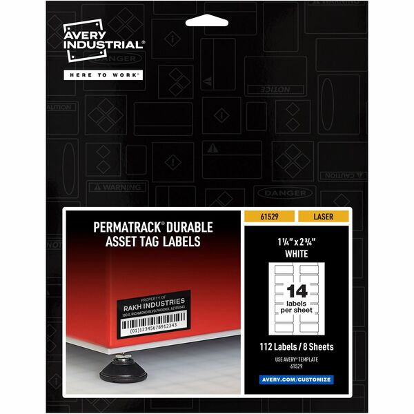 Avery® PermaTrack Durable White Asset Tag Labels, 1-1/4" x 2-3/4" , 112 Asset Tags - 1 1/4" Width x 2 3/4" Length - Permanent Adhesive - Rectangle - Laser - White - Film - 14 / Sheet - 8 Total Sheets - 112 Total Label(s) - 5 - Water Resistant - PVC-free