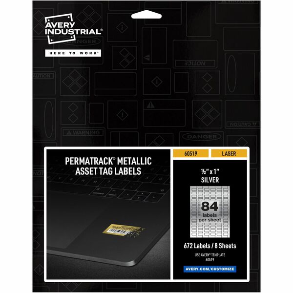 Avery® PermaTrack Metallic Asset Tag Labels, 1/2" x 1" , 672 Asset Tags - Waterproof - 1/2" Width x 1" Length - Permanent Adhesive - Rectangle - Laser - Silver - Film - 84 / Sheet - 8 Total Sheets - 672 Total Label(s) - 5 - PVC-free, Print-to-the Edge, Permanent Adhesive, Chemical Resistant, Abrasion Resistant, Customizable