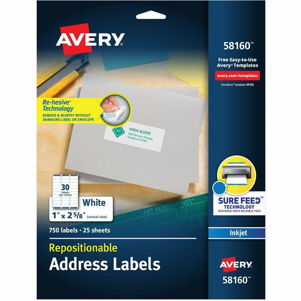 Avery® Repositionable Address Labelss - Sure Feed Technology - 1" Width x 2 5/8" Length - Rectangle - Inkjet - White - Paper - 30 / Sheet - 25 Total Sheets - 750 Total Label(s) - 750 / Pack
