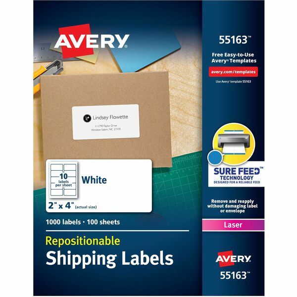 Avery® Repositionable Labels, Sure Feed, 2" x 4" , 1,000 Labels (55163) - 2" Width x 4" Length - Rectangle - Laser - White - Paper - 10 / Sheet - 100 Total Sheets - 1000 Total Label(s) - 5 - Repositionable, Adhesive, Customizable