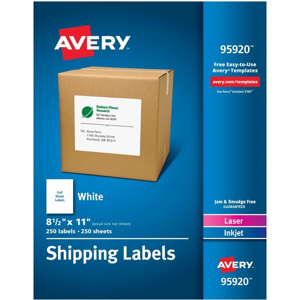 Avery® Shipping Address Labels, 250 Labels, Full Sheet Labels, Permanent (95920) - 8 1/2" Width x 11" Length - Permanent Adhesive - Rectangle - Laser, Inkjet - White - Paper - 1 / Sheet - 250 Total Sheets - 250 Total Label(s) - 250 / Box - Permanent Adhesive, Jam Resistant, Smudge Resistant, Stick & Stay, Customizable