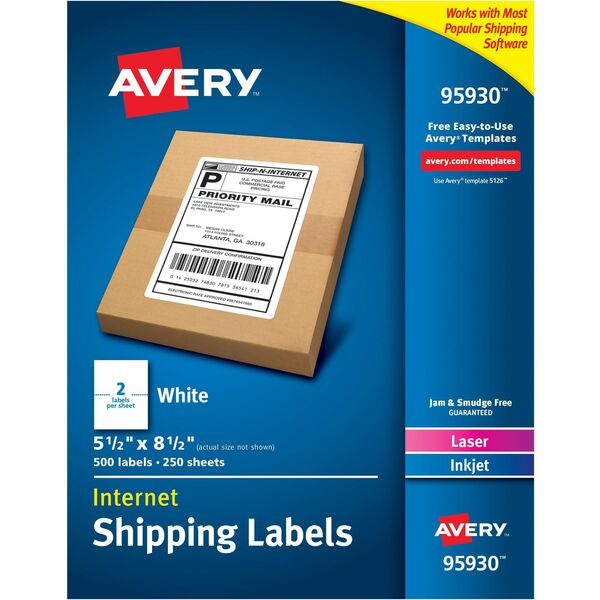 Avery® Shipping Label - 5 1/2" Width x 8 1/2" Length - Permanent Adhesive - Rectangle - Laser, Inkjet - White - Paper - 2 / Sheet - 250 Total Sheets - 500 Total Label(s) - 500 / Box - Permanent Adhesive, Jam Resistant, Smudge Resistant, Stick & Stay, Customizable