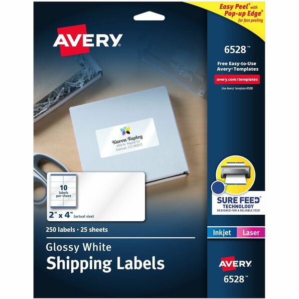 Avery® Shipping Labels, Glossy White, 2" x 4" , 250 Total (6528) - 2" Width x 4" Length - Permanent Adhesive - Rectangle - Laser - White - Paper - 10 / Sheet - 25 Total Sheets - 250 Total Label(s) - 250 / Pack - Permanent Adhesive, Jam Resistant, Easy Peel, Pop Up Edge