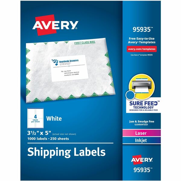 Avery® Shipping Labels, Sure Feed, 3-1/2" x 5" , 1,000 Labels (95935) - 3 1/2" Width x 5" Length - Permanent Adhesive - Rectangle - Laser, Inkjet - White - Paper - 4 / Sheet - 250 Total Sheets - 1000 Total Label(s) - 1000 / Box - Permanent Adhesive, Jam Resistant, Smudge Resistant, Customizable