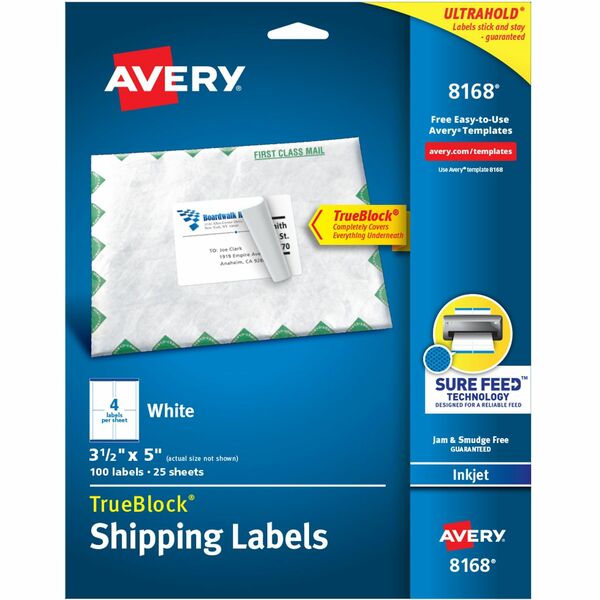 Avery® Shipping Labels, Sure Feed, 3-1/2" x 5" , 100 Labels (8168) - 3 1/2" Width x 5" Length - Permanent Adhesive - Rectangle - Inkjet - White - Paper - 4 / Sheet - 25 Total Sheets - 100 Total Label(s) - 5 - Permanent Adhesive, Jam Resistant, Customizable