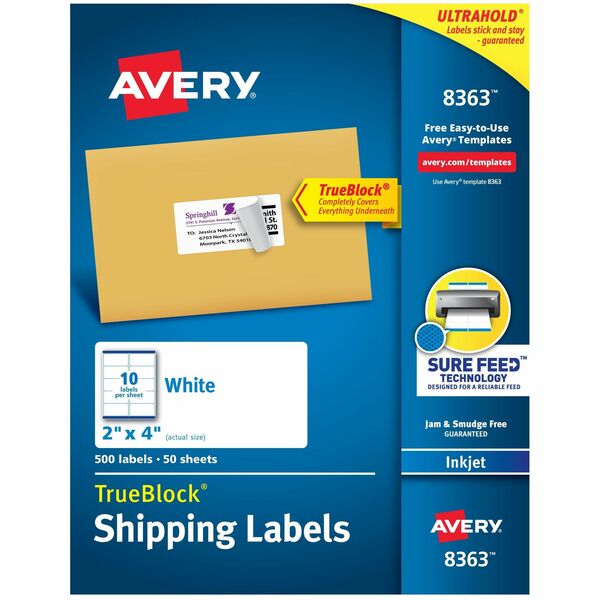 Avery® Shipping Labels, Sure Feed®, 2" x 4" , 500 Labels (8363) - 8 1/2" Width x 11" Length - Permanent Adhesive - Rectangle - Inkjet - White - Paper - 10 / Sheet - 50 Total Sheets - 500 Total Label(s) - 500 / Box - Permanent Adhesive, Jam Resistant, Customizable