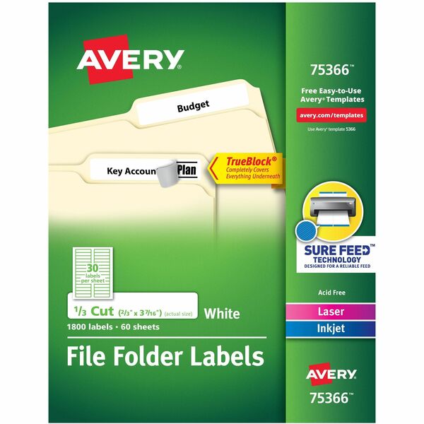 Avery® TrueBlock File Folder Labels - 21/32" Width x 3 7/16" Length - Permanent Adhesive - Rectangle - Laser, Inkjet - White - Paper - 30 / Sheet - 60 Total Sheets - 1800 Total Label(s) - 5