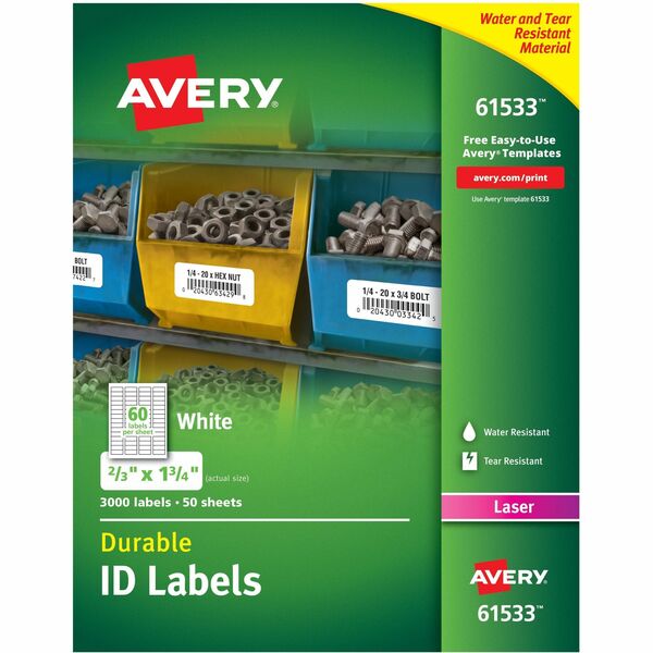 Avery® TrueBlock ID Label - Waterproof - Permanent Adhesive - Rectangle - Laser - White - Film - 60 / Sheet - 50 Total Sheets - 3000 Total Label(s) - 5 - Water Resistant - Permanent Adhesive, Durable, Heavy Duty, Scuff Resistant, Tear Resistant, Smudge Resistant, Weather Resistant