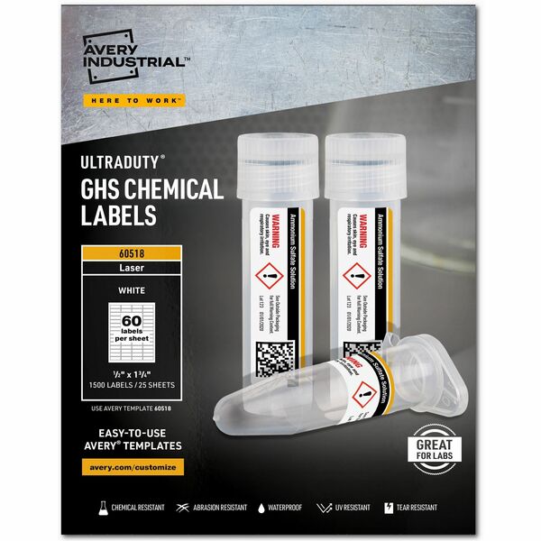 Avery® UltraDuty Chemical Label - Waterproof - 1/2" Width x 1 3/4" Length - Permanent Adhesive - Rectangle - Laser - White - Film - 60 / Sheet - 25 Total Sheets - 1500 Total Label(s) - 5 - Print-to-the Edge, Permanent Adhesive, Chemical Resistant, Abrasion Resistant, Tear Resistant, Temperature Resistant, Customizable