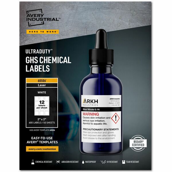 Avery® UltraDuty Warning Label - 2" Width x 2" Length - Permanent Adhesive - Rectangle - Laser - White - Film - 12 / Sheet - 50 Total Sheets - 600 Total Label(s) - 600 / Box - Water Resistant
