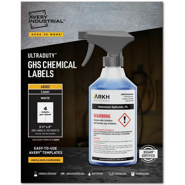 Avery® UltraDuty Warning Label - 3 1/2" Width x 5" Length - Permanent Adhesive - Rectangle - Laser - White - Film - 4 / Sheet - 50 Total Sheets - 200 / Box - Water Resistant