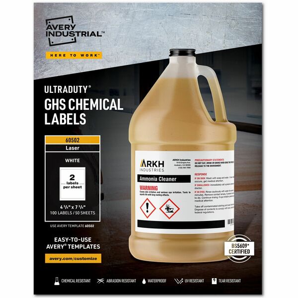 Avery® UltraDuty Warning Label - 4 3/4" Width x 7 3/4" Length - Permanent Adhesive - Rectangle - Laser - White - Film - 2 / Sheet - 50 Total Sheets - 100 Total Label(s) - 100 / Box - Water Resistant