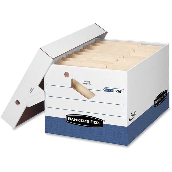 Bankers Box Presto File Storage Box - Internal Dimensions: 12" Width x 15" Depth x 10" Height - External Dimensions: 12.9" Width x 16.5" Depth x 10.4" Height - 850 lb - Media Size Supported: Legal, Letter - Lift-off, Zipper Closure - Heavy Duty - Stackable - White, Blue - For Document - Recycled - 1 / Carton
