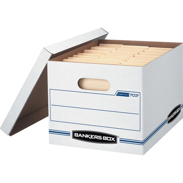 Bankers Box STOR/FILE Storage Box - Internal Dimensions: 12" Width x 15" Depth x 10" Height - External Dimensions: 12.5" Width x 16.3" Depth x 10.5" Height - 450 lb - Media Size Supported: Letter, Legal - Lift-off Closure - Light Duty - Stackable - White, Blue - For File - Recycled - 12 / Carton