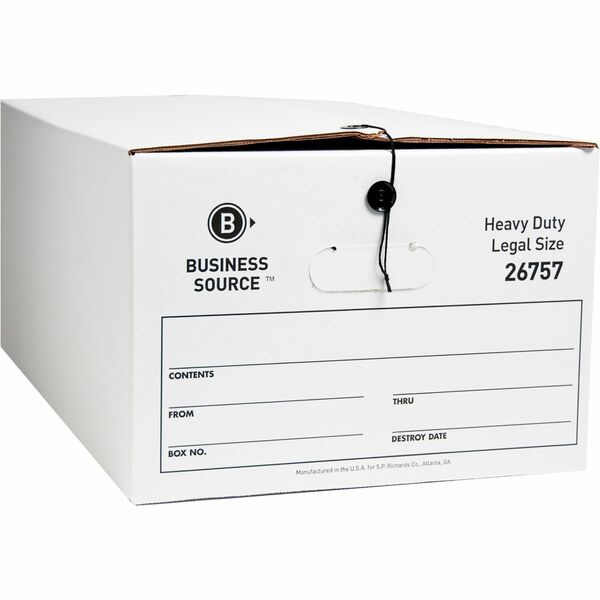 Business Source Heavy Duty Legal Size Storage Box - External Dimensions: 15" Width x 24" Depth x 10"Height - Media Size Supported: Legal - String/Button Tie Closure - Medium Duty - Stackable - White - For File - Recycled - 12 / Carton
