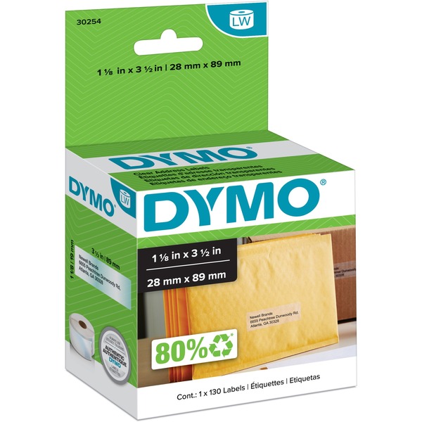 Dymo Clear Address Labels - 1 1/8" Width x 3 1/2" Length - Rectangle - Direct Thermal - Clear - 130 / Roll - 130 / Roll