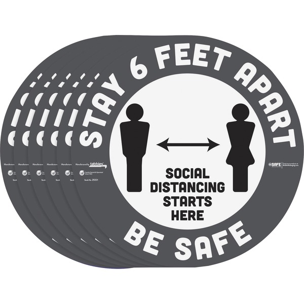 Tabbies BeSafe STAY 6 FEET APART Floor Decals - 6 / Pack - Stay 6 Feet Apart Print/Message - 12" Width x 12" Height - Circle Shape - Easy Readability, Removable, Pressure Sensitive, Adhesive, Adjustable, Non-slip - Acrylic, Vinyl - Gray, White