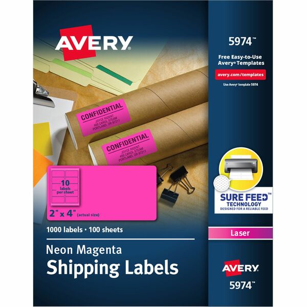 Avery® 2" x 4" Neon Shipping Labels with Sure Feed, 1,000 Labels (5974) - 2" Width x 4" Length - Permanent Adhesive - Rectangle - Laser - Neon Magenta - Paper - 10 / Sheet - 100 Total Sheets - 1000 Total Label(s) - 1000 / Box - Permanent Adhesive, Jam Resistant, Stick & Stay, Smudge Resistant
