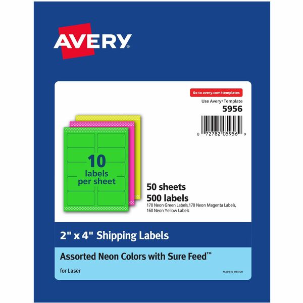 Avery® 2"x 4" Neon Shipping Labels with Sure Feed, 500 Labels (5956) - 2" Width x 4" Length - Permanent Adhesive - Rectangle - Laser - Neon Magenta, Neon Green, Neon Yellow - Paper - 10 / Sheet - 50 Total Sheets - 500 Total Label(s) - 500 / Box - Permanent Adhesive, Jam Resistant, Stick & Stay, Smudge Resistant