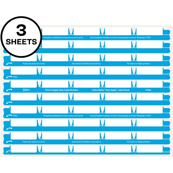 Avery® 5 Tab Easy Print & Apply Clear Label Sheet Refills (11225) - Inkjet, Laser - Clear - 30 / Sheet - 3 Total Sheets - 30 / Pack