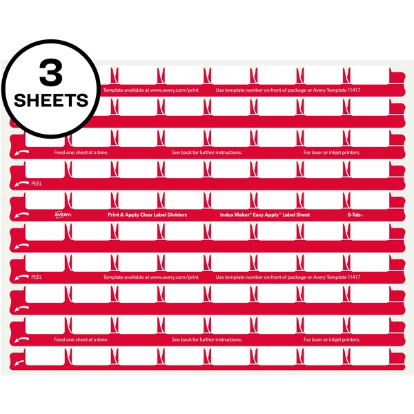 Avery® 8 Tab Easy Print & Apply Clear Label Sheet Refills (11226) - Inkjet, Laser - Clear - Plastic - 3 Total Sheets - 30 / Pack