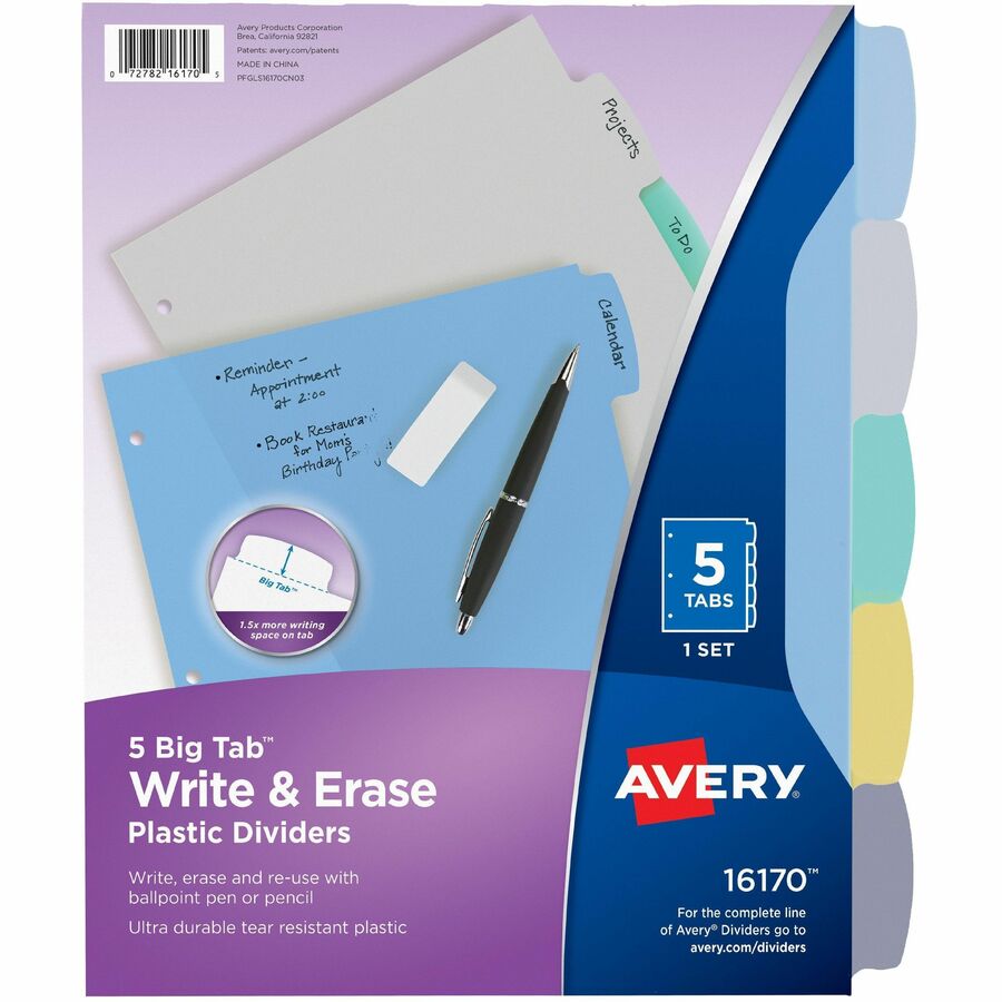 Avery® Big Tab Write & Erase Durable Dividers, 5 Multicolor Tabs - 5 x Divider(s) - 5 Write-on Tab(s) - 5 - 5 Tab(s)/Set - 8.5" Divider Width x 11" Divider Length - 3 Hole Punched - Multicolor Plastic Divider - Multicolor Plastic Tab(s) - 5 / Set