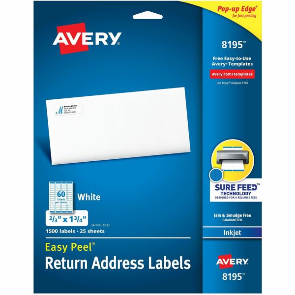 Avery® Easy Peel Inkjet Return Address Labels - 21/32" Width x 1 3/4" Length - Permanent Adhesive - Rectangle - Inkjet - White - Paper - 60 / Sheet - 25 Total Sheets - 1500 Total Label(s) - 5