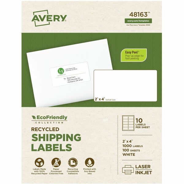 Avery® EcoFriendly Shipping Label - 2" Width x 4" Length - Permanent Adhesive - Rectangle - Laser, Inkjet - White - Paper - 10 / Sheet - 100 Total Sheets - 1000 Total Label(s) - 1000 / Box - Recyclable, PVC-free, Permanent Adhesive, Customizable, Chlorine-free, Water Based