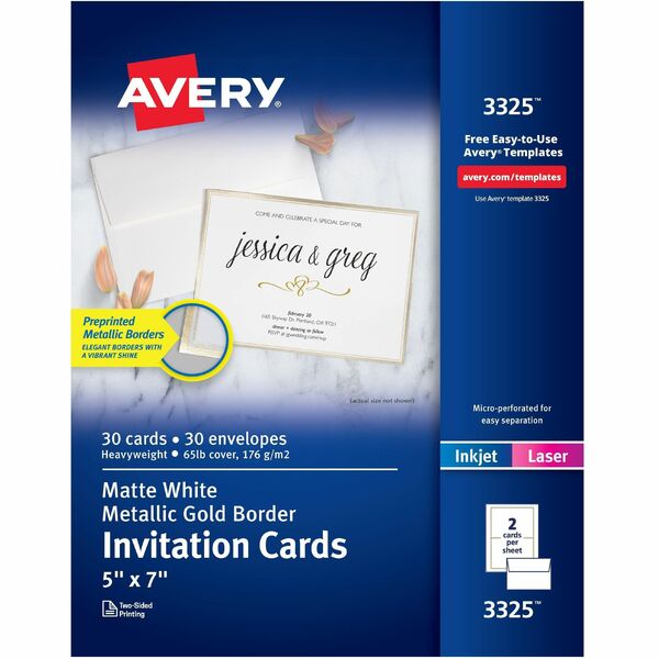 Avery® Invitation Cards with Metallic Gold Borders - 1 1/2" Width x 15/16" Length - Rectangle - White - Paper - 18 / Sheet - 29 / Pack