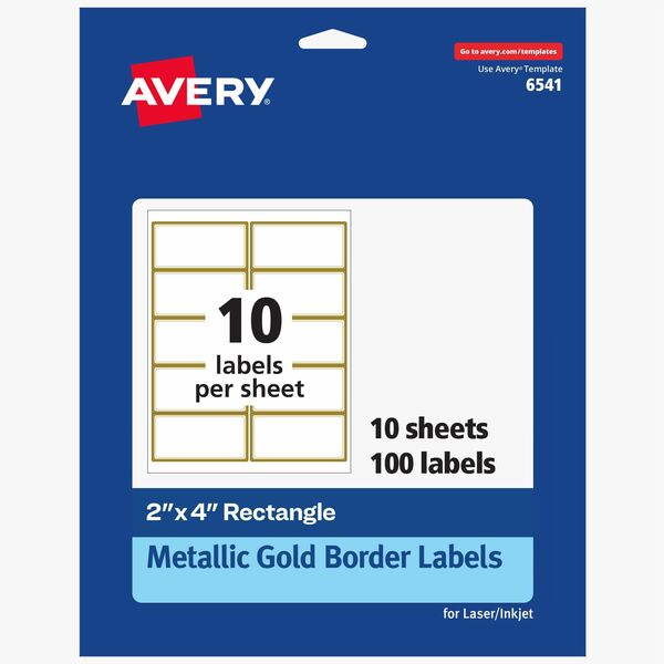 Avery® Labels with Metallic Gold Borders, 2" x 4" , 100 (6541) - 4" Width x 2" Length - Permanent Adhesive - Rectangle - Inkjet, Laser - White - Paper - 10 / Sheet - 10 Total Sheets - 100 Total Label(s) - 100 / Pack - Peel-off, Curl Resistant, Stick & Stay, Pop Up Edge, Tear Proof