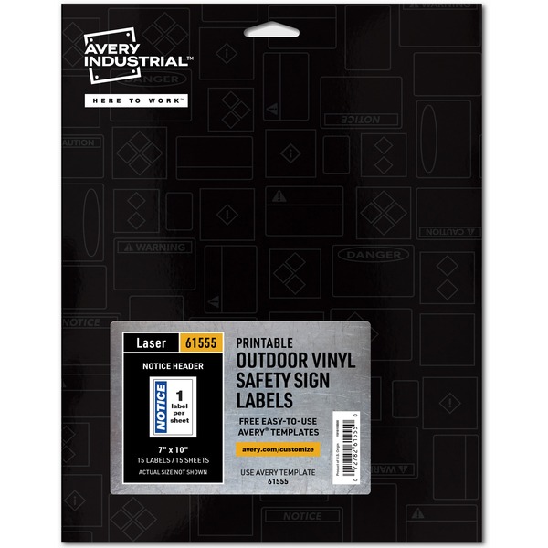 Avery® NOTICE Header Self-Adhesive Outdoor Sign - Waterproof - "NOTICE" - 7" Width x 10" Length - Permanent Adhesive - Rectangle - Laser - White - Vinyl - 1 / Sheet - 15 Total Sheets - 15 Total Label(s) - 15 Label - Print-to-the Edge, Permanent Adhesive, Customizable, Pre-printed, Self-adhesive, Chemical Resistant, Abrasion Resistant