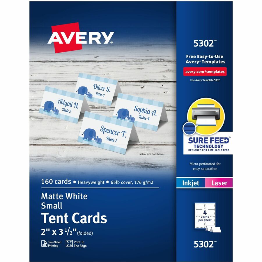 Avery® Place Cards, Two-Sided Printing, 2" x 3-1/2" , 160 Cards (5302) - 97 Brightness2" x 3 1/2" - 160 / Box - FSC Mix - Perforated, Heavyweight, Foldable, Rounded Corner, Jam-free, Smudge-free