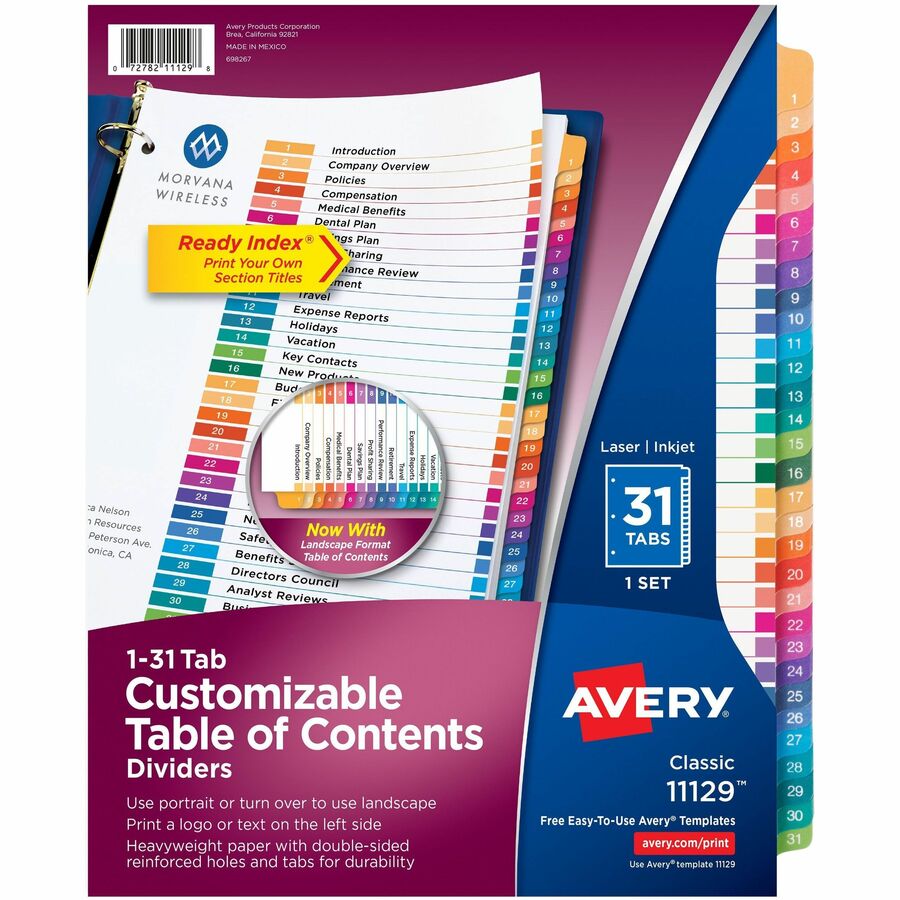 Avery® Ready Index 1-31 Tab Custom TOC Dividers - 31 x Divider(s) - 1-31 - 31 Tab(s)/Set - 8.5" Divider Width x 11" Divider Length - 3 Hole Punched - White Paper Divider - Multicolor Paper Tab(s) - 31 / Set
